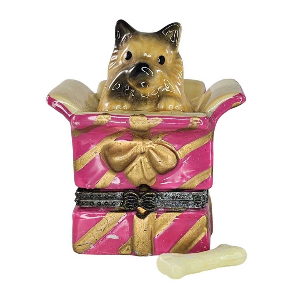 Vintage Yorkshire Terrier In Gift Trinket Box Ceramic With Bone Trinket Yorkie